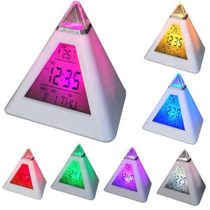 1 Pc LED Digital Alarm Clock 7 Color Quiet Pyramid Alarm Clock Battery Powered Night Light Desk Clocks with Music & Snooze Mode