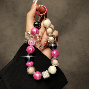 Creative Personalized Pink Beaded Handheld Chain Wrist Short Lanyard Clip Phone Case Keychain Pendant Womens Trendy Accessories