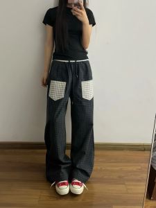 LIUBU | Retro Patch Pocket Plaid Baggy Pants Men Summer Loose Fit