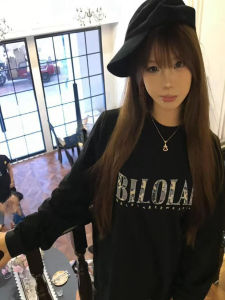 เสื้อยืดคอกลมแขนยาวผ้าฝ้ายแท้สีดำสำหรับผู้หญิงไซส์ใหญ่ เสื้อเชิ้ตทรงหลวมสบายๆ แฟชั่นฤดูใบไม้ผลิและฤดูใบไม้ร่วง