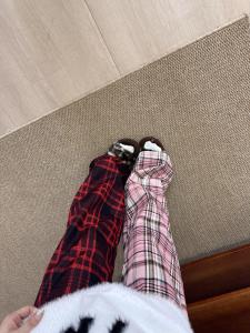 Pink Plaid Thickened Warm Straight Leg Pants Womens Drapey Lazy Loose Fit Autumn Winter Trousers High Waist Elastic Waist