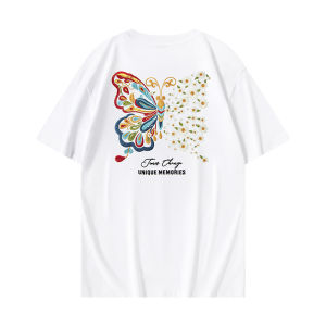 Loose Fit Cotton round Neck Short Sleeve T-Shirt Butterfly Embroidery Style Men Women Casual Summer Top Fashion Trend