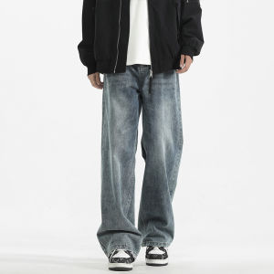 Retro Straight Leg Mens Jeans Casual American Wide Leg Pants Winter New Style Comfortable Breathable Anti-Wear Sweat Absorbent