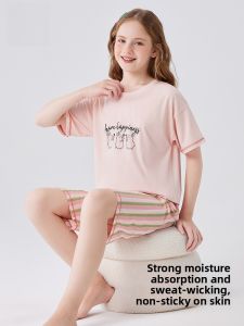 miiow | Cat Person Childrens Sleepwear Short Sleeve Modal Thin Summer Set Girls Student Home Clothes Shorts Outfit Cotton Moisture Wicking