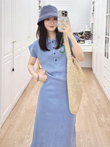 Autumn Winter Beautiful Blue Knitted Dress Simple Elegant Korean Style High Waist A-Line Skirt Commute Friendly Short Sleeve