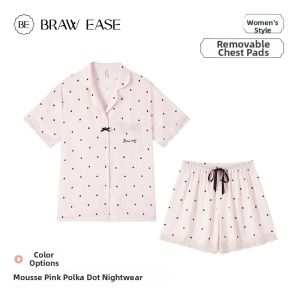 BE | Ice Silk Padded Short Sleeve Shorts Lace Trimmed Womens Pajama Set