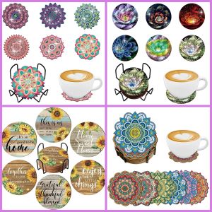 6 Pieces of round irregular Coaster mandala flower Pattern with Bracket wooden Material water cup non-slip Thanksgiving gift