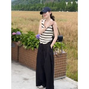 YUEZHONGWEI | Áo Thun Knit Lụa Mát Màu Đối Chiếu Sọc