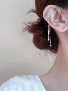 Elegant Magnetic Stone Ear Cuff with Tassel And Sparkling Flower Design Fashionable Korean Style Alloy Ear Jewelry