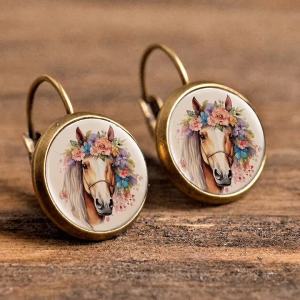 Bronze Glass Watercolor Horse Earrings Floral Vintage Drop Dangle Jewelry For Women Girls Animal Lovers Birthday Gift Accessorie