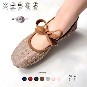 Nagita - Ariesta Cream Flatshoes Model Jaring Tali Pita Empuk & Nyaman | Flatshoes Wanita Jaring | Sepatu Kerja Wanita Size 31-41 [Elly]