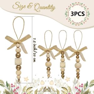 3pcs Boho Christmas Tree Ornaments Wood Bead Hanging Decorations Farmhouse Natural Bead Garland Rustic Small Wooden Party Decor