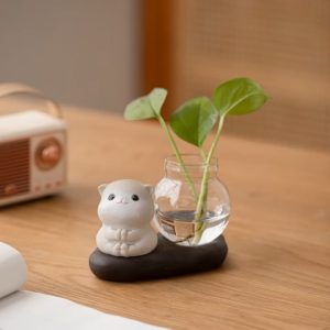 Cute Cat Hydroponic Plant Vase Tabletop Glass Planter Home Decor For Offices And living Rooms