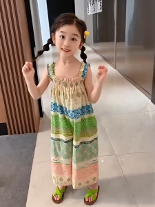 Girls Camisole Jumpsuit Summer Baby Korean Version Countryside Style Casual Pants Kids Color Blocked Jumpsuit