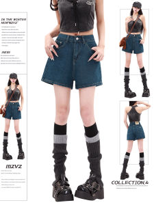 กางเกงขาสั้นผ้ายีนส์สีน้ำเงินเข้มเอวสูงลายผีเสื้อสไตล์ย้อนยุคสำหรับผู้หญิง กางเกงขาสั้นทรงเอเข้ารูป ทรงหลวม ฤดูร้อน 2024