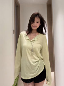 YUEZHONGWEI | Áo thun tay dài lụa vải lanh chống nắng màu vàng cho nữ mùa hè mỏng rộng rãi phong cách cổ điển Áo sơ mi cổ chữ V