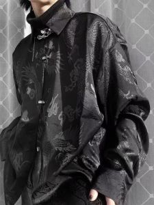 New Chinese Style Mens Long Sleeve Shirt Luxury Feelings Dragon Pattern Embroidery Silk Luster No Ironing Fashionable Tang Costume