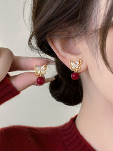 Wine Red Zircon Butterfly Pearl S925 Sterling Silver Ear Stud