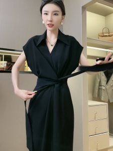 Slimming Effect OL Style Belted Shirt Dress Womens Fashionable Versatile One Piece Tie Waist Midi Dress Summer New Arrival