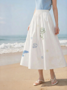 INMAN | Cotton Embroidered A-Line Slimming White Skirt