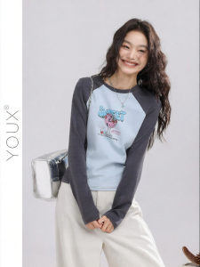 YOUXIANG | Áo Thun In Hình Raglan Màu Block Phong Cách Retro Cổ Điển