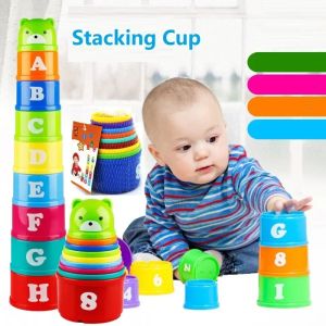 9PCS Stacking Cups Stackable Rainbow Tower Numbers Letters Shapes Childrens Educational Montessori Games Beach Kids Toys Gifts
