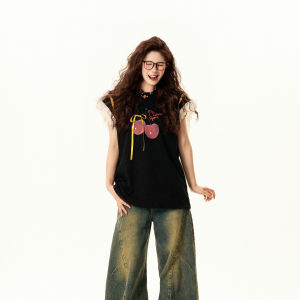 Summer Womens T-shirt Lace Splicing Short Sleeve Print Flounce Sleeve Versatile Top Commute Style Regular Length Casual Fit