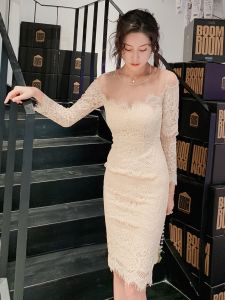 Elegant Lace Dress Slim Fit Evening Gown Long Sleeve Wrap around Skirt Inner Wear Autumn Winter New Arrival for Ladies