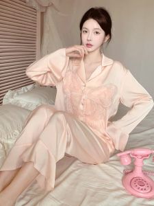 ผ้าไหม ชุดนอน ผู้หญิง ฤดูใบไม้ผลิ ฤดูใบไม้ร่วง ผีเสื้อแขนยาวบาง หวาน สไตล์ High Sensation Home เสื้อผ้าน้ําแข็ง ผ้าไหม Nightgown