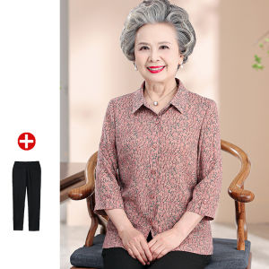 Áo Sơ Mi Lụa Cho Bà Ngoại Mùa Hè Áo Sơ Mi Lụa Tơ Tằm Mỏng Cho Phụ Nữ Lớn Tuổi Áo Sơ Mi Dài Tay Họa Tiết Hoa Và Chim Thường Ngày