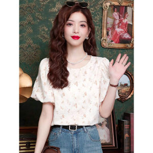 WANGGONGZHU | French Floral Chiffon Shirt Women Summer New Fashion Small Top Design Sense Youthful Upper Apparel Princess Style Bubble Sleeve