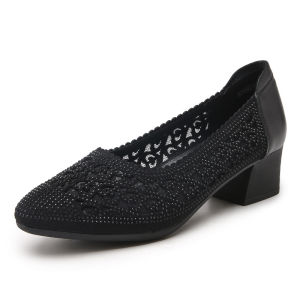 SHIPAILUO | New 2025 Womens Sandals Head Cover Breathable Mesh Pointed Toe Soft Bottom Mid Heel Leather Thick Heel Casual Low Cut Rubber Sole