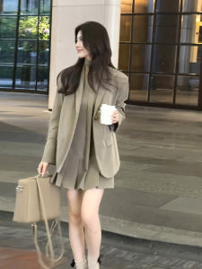 Fashionable Long Sleeve Pleated Skirt And Jacket Set Womens Loose Fit Autumn Collection High Waist Two Piece Suit Cotton Blend