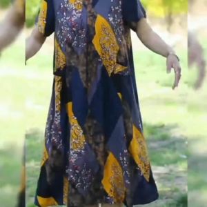Plus Size Floral Dress Cover Stomach Loos Mid Dress Women CasualLoose Retro Print Long Dress 4007