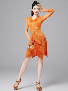 ชุดรำวงลัตินสำหรับแข่งขัน Blackpool 2025 ชุดการแสดงใหม่พร้อมกระดุมเพชร แขนยาว กระโปรงยาวปานกลาง ชุดเต้นรำ