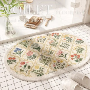 VIKAMA Vintage Floral Oval Bathroom Floor Mat Non-Slip Absorbency Entrance Door Mat Kitchen Bedroom Carpet Home Decor