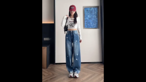 SGH079 ยีนส์ผู้หญิงเอวสูง ขากว้าง สไตล์เกาหลี ใส่แล้วผอมทันที! เอวสูงเก็บหน้าท้อง ขากว้างใส่สบาย ขาดชิค ดูเรียวทุกมุม เหมาะกับทุกโอกาส