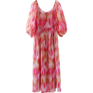 Miccbeirn | Pure Flax Floral Print Sweet Girl Lantern Sleeve Ladylike Long Dress Court Style French Lady Floral Print Dress Summer Season