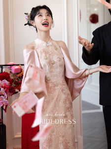 Elegant Chinese Style Wedding Dress Cherry Branch Improved Engagement Cheongsam mid Waist Sequin Blouse Cocktail Dress