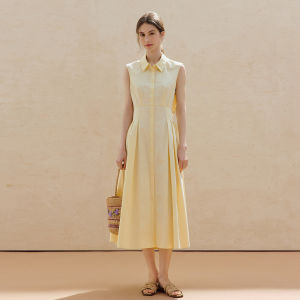 INMAN | 100 Cotton No Sleeve V-neck Waist-cinching Dress