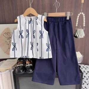 Korean Version Fashion Casual Girls Clothes Striped Bow Printed Sleeveless Top+Wide Leg Pants 2Pcs Kids Set