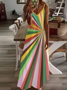 Printed Design Four Seasons Series Holiday Style Bright Stripe Colorful Pattern Dress