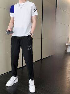 ROMON | Lomond Mens Casual Sports Set Summer Thin Mesh Quick Dry Short Sleeve T-Shirt Long Pants Ice Silk Two-Piece Trendy Outfit