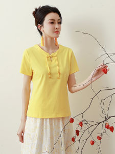 Pure Cotton Summer Womens Retro Button-Up Base Shirt Ice Porcelain Short Sleeve Top Versatile T-Shirt round Neck Thin Fabric