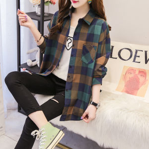 Loose Long Sleeve Plaid Shirt Womens Korean Style Spring Autumn Wear Outerwear College Style Button up Breathable Polyester