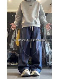 กางเกงลำลองทรงหลวมสำหรับผู้ชายสไตล์อเมริกัน ดีไซน์ด้วยเชือกแขวนแบบหัวเข็มขัด ทรงตรง ทรงหลวม ฤดูใบไม้ผลิและฤดูใบไม้ร่วง