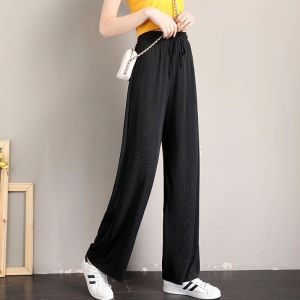 Summer Womens Ice Silk Wide Leg Pants Casual Thin Straight High Waist Floor Length Trousers Elegant Style Comfortable Fit