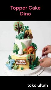 Topper Kue Mainan Dino Karet 3D Beserta Pohon dan Telur untuk Dekorasi Cake Ulang Tahun (Toper Dinosaurus Trex)