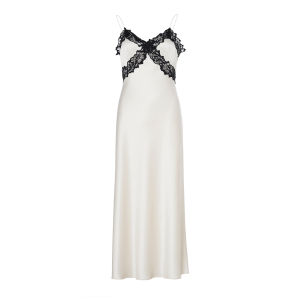 Lynnee Elegant Slimming V-Neck Lace Paneling Acetate Satin Draped Strapless Dress French Style Womens Clothing Midi Dress