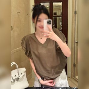 YUFUQING | Cafe Brown V-neck T-shirt Womens Summer New Design Loose Casual Top Unique Personality Small Fly Sleeve Fashionable Loose Fit